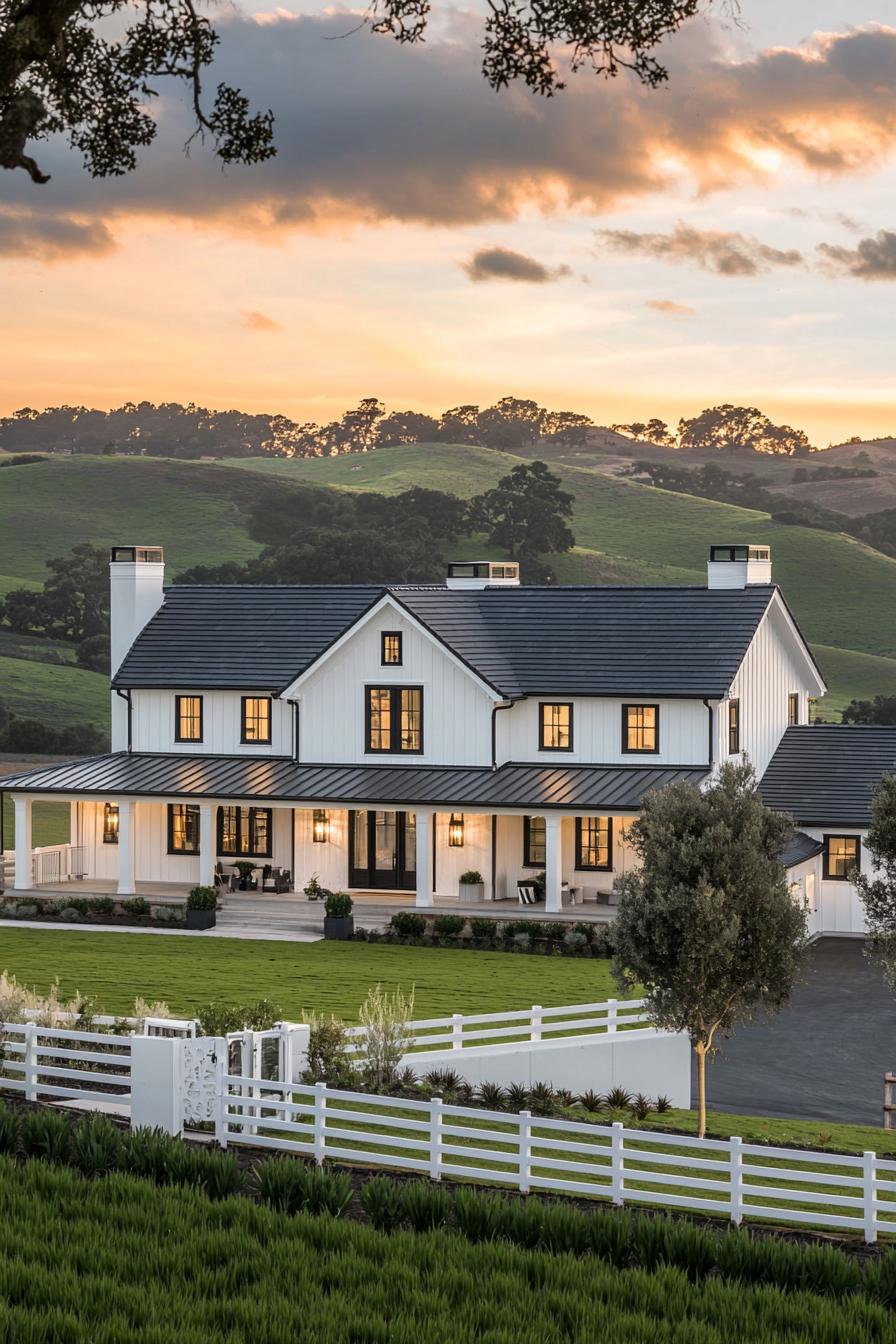 Farmhouse mansion with green fields and sunset sky