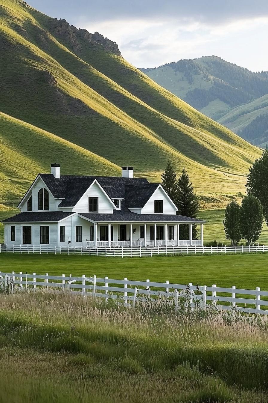 White farmhouse surrounded by lush hills