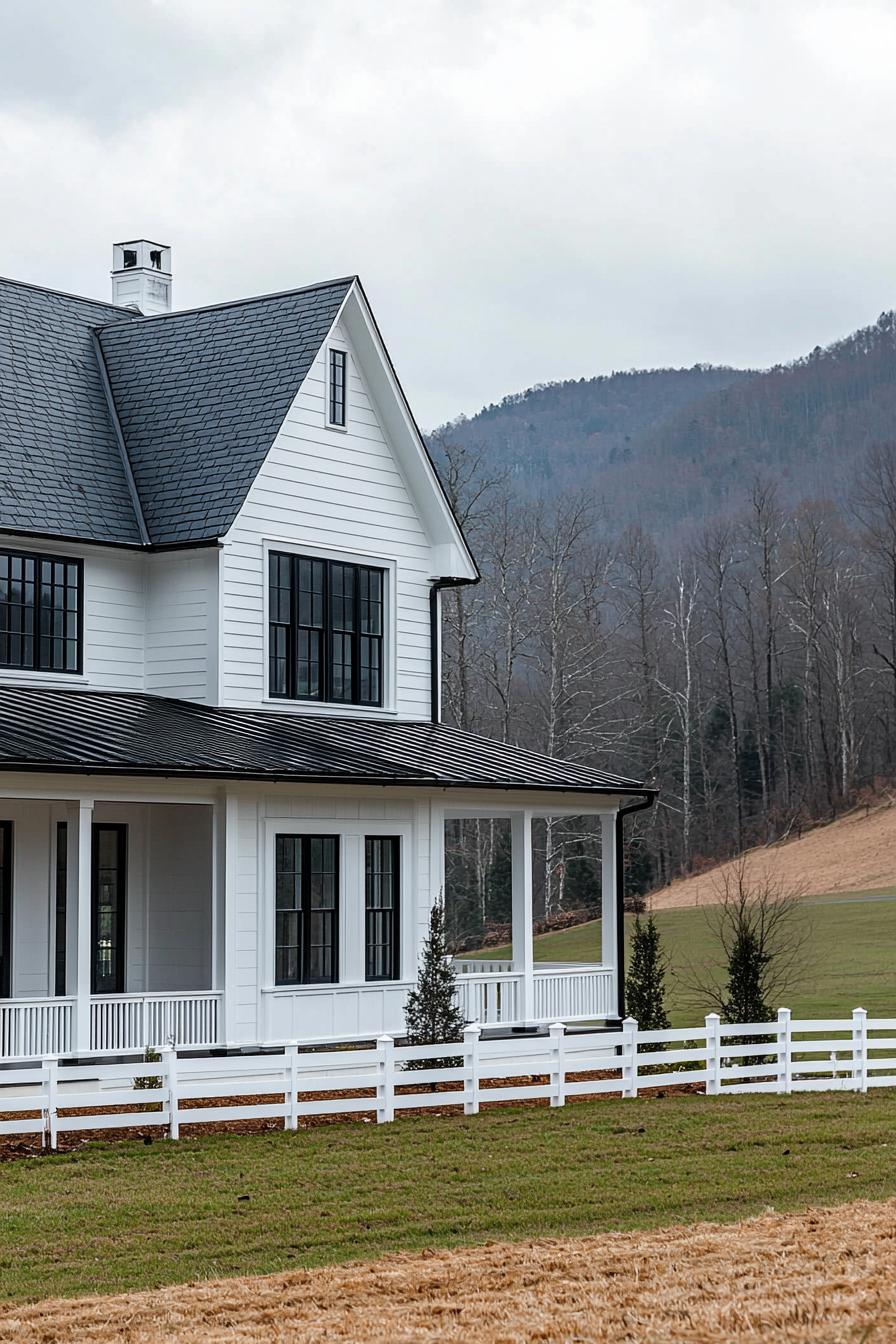 White farm mansion with black windows and lush backdrop