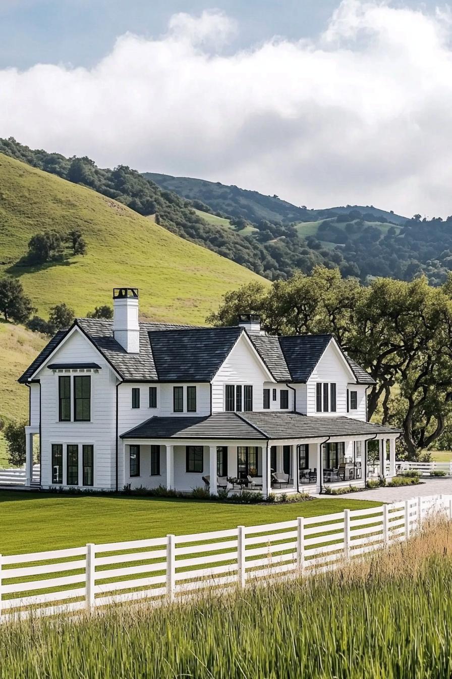 Large white farmhouse with wraparound porch set in lush green hills