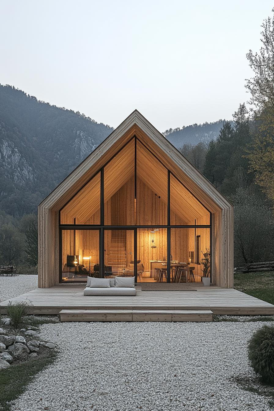 Cozy wooden A-frame house with glass front