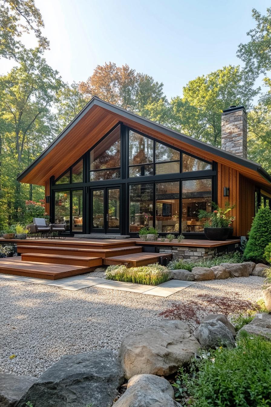 Wooden gable house amid lush forest