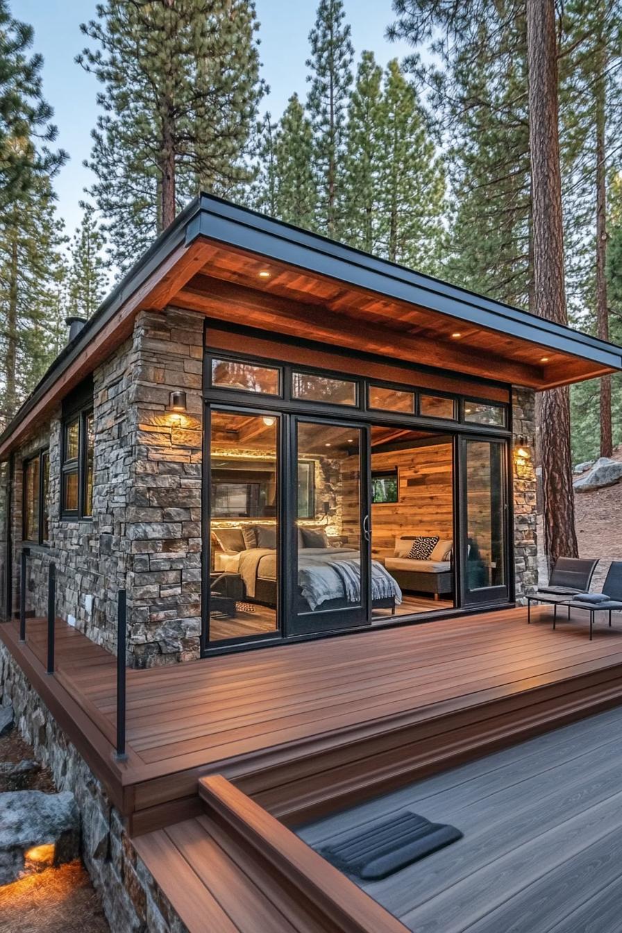 luxury tiny lodge stone siding exposed rustic beams sliding doors outdoor patio connected with indoors front deck with steps tall pines in the 1