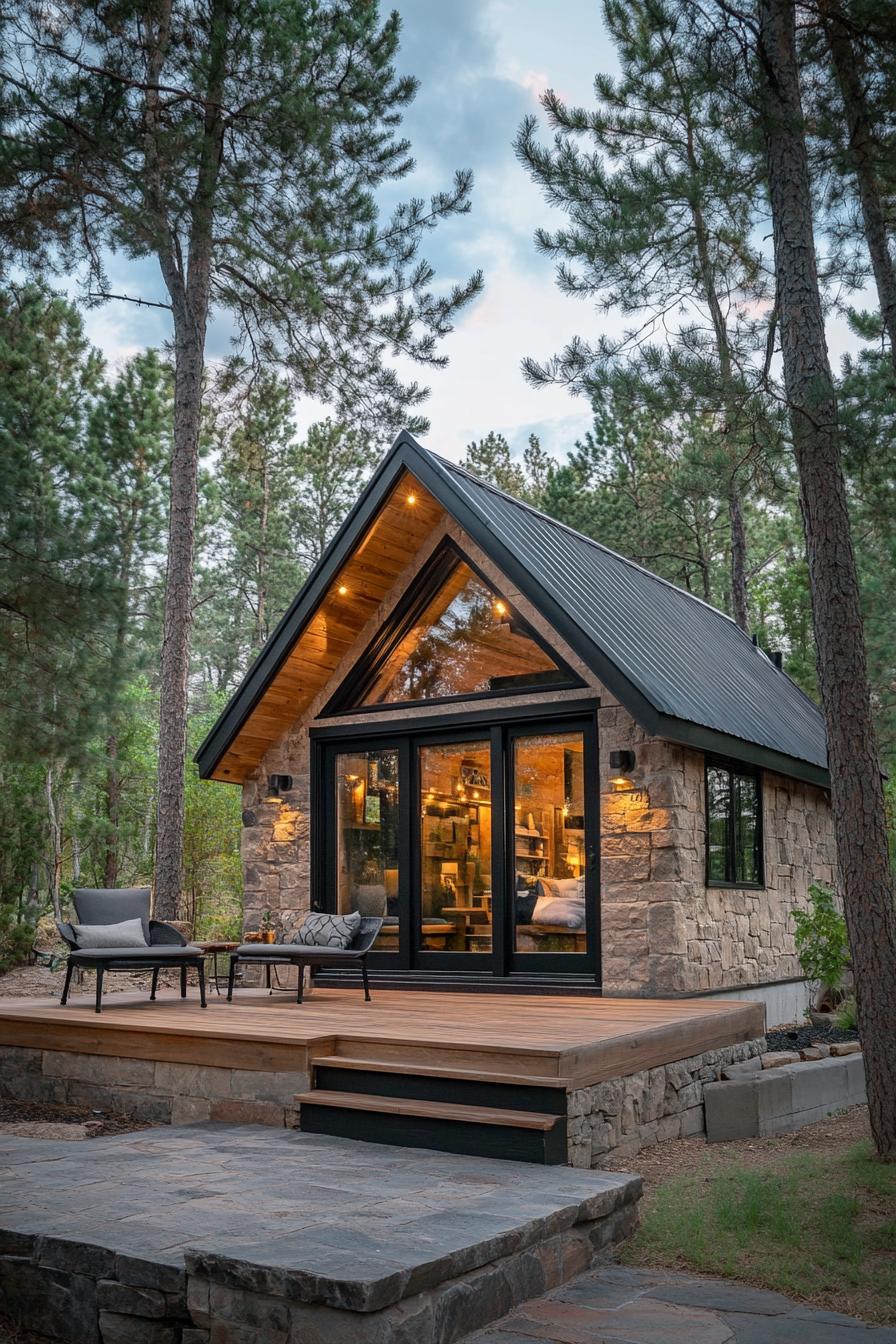 luxury tiny lodge stone siding exposed rustic beams sliding doors outdoor patio connected with indoors front deck with steps tall pines in the 2