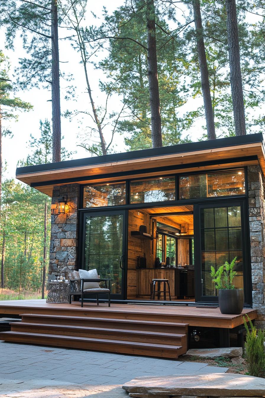 luxury tiny lodge stone siding exposed rustic beams sliding doors outdoor patio connected with indoors front deck with steps tall pines in the 3