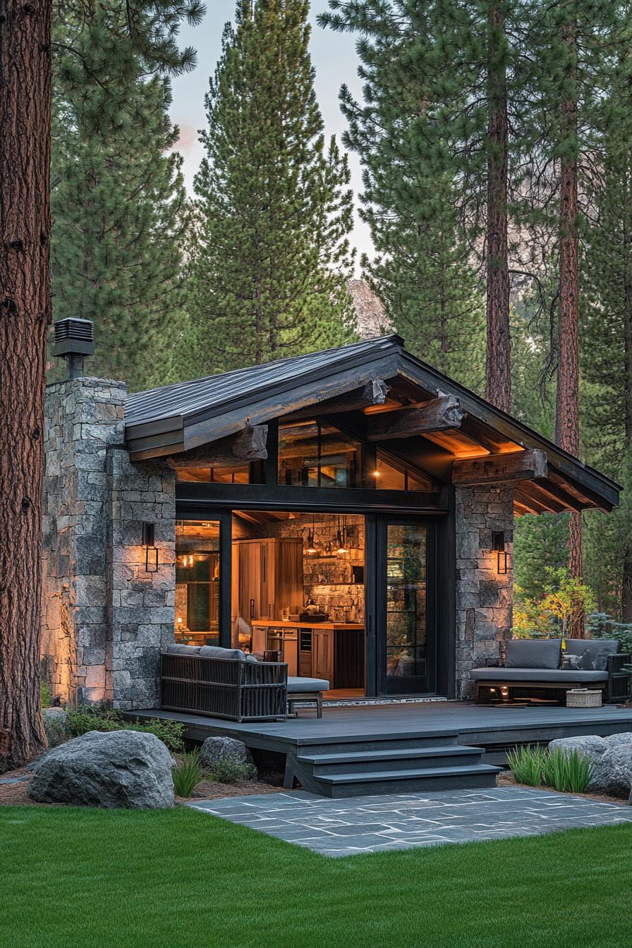 luxury tiny lodge stone siding exposed rustic beams sliding doors outdoor patio connected with indoors front deck with steps tall pines in the