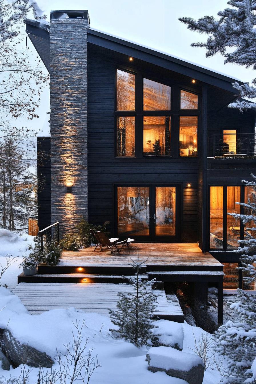 Modern house with large windows and wooden deck, surrounded by snow and trees