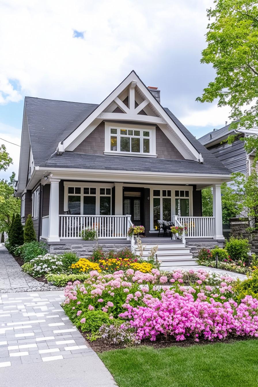 modern cottage in pastel yellow siding stone grey multi pitched roof large windows with white trim and mouldings v 6.1 1