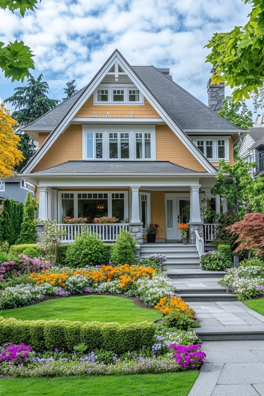 modern cottage in pastel yellow siding stone grey multi pitched roof large windows with white trim and mouldings v 6.1