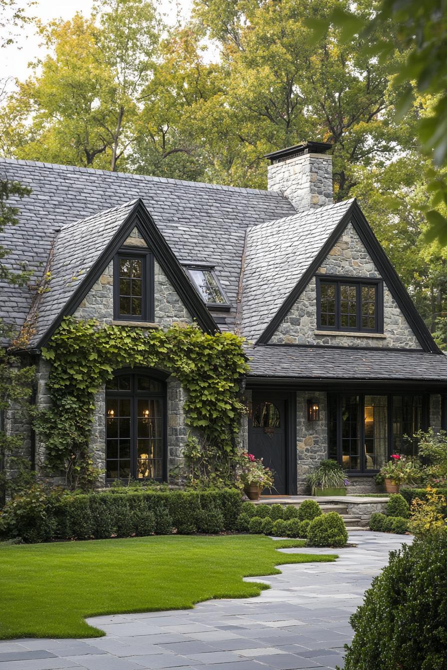 modern countryside cottage with stone mosaic facade grey stone tile roof with gables facade with vines modern windows and doors paved front yard 1