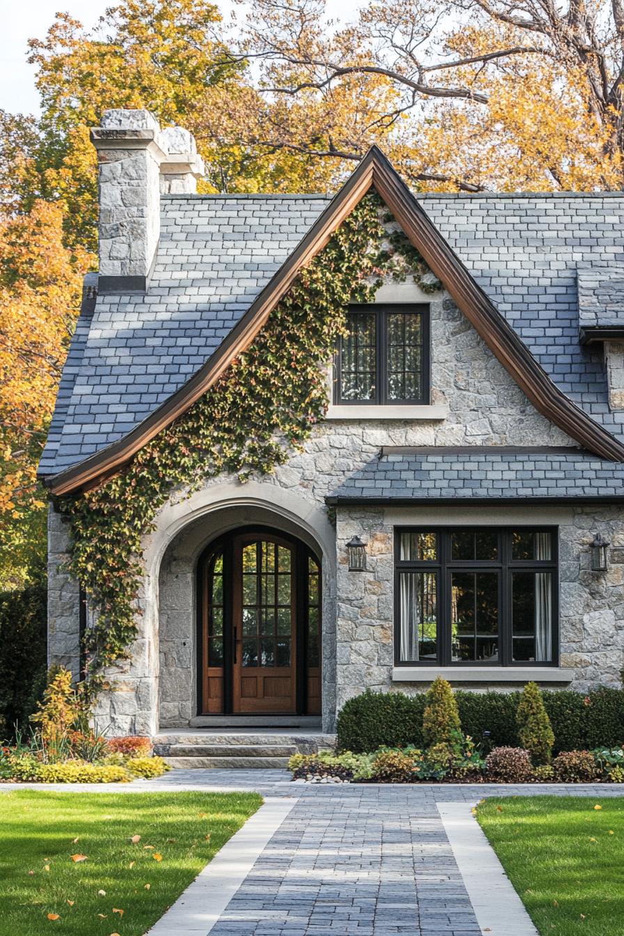 modern countryside cottage with stone mosaic facade grey stone tile roof with gables facade with vines modern windows and doors paved front yard 2