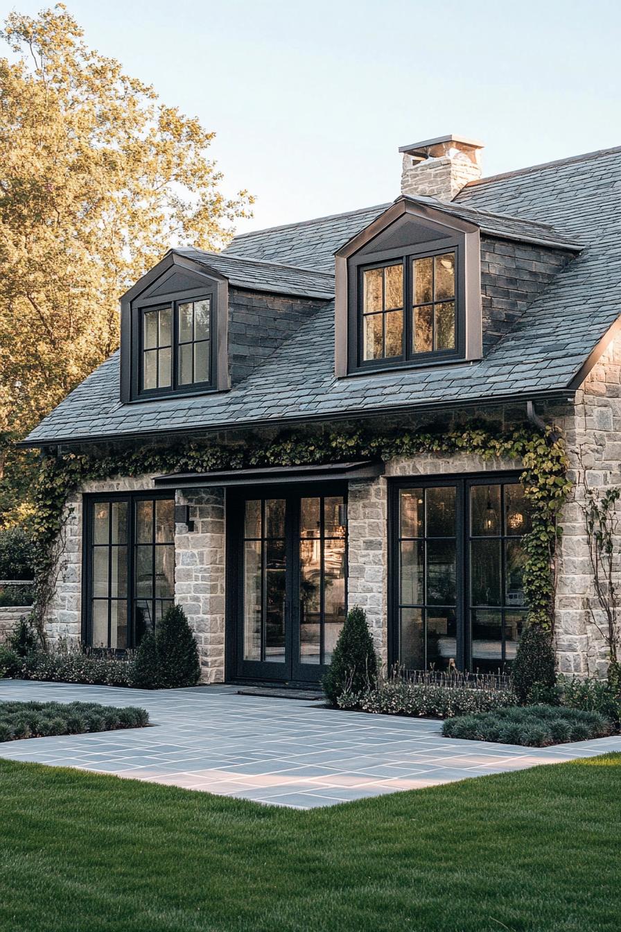 modern countryside cottage with stone mosaic facade grey stone tile roof with gables facade with vines modern windows and doors paved front yard 3