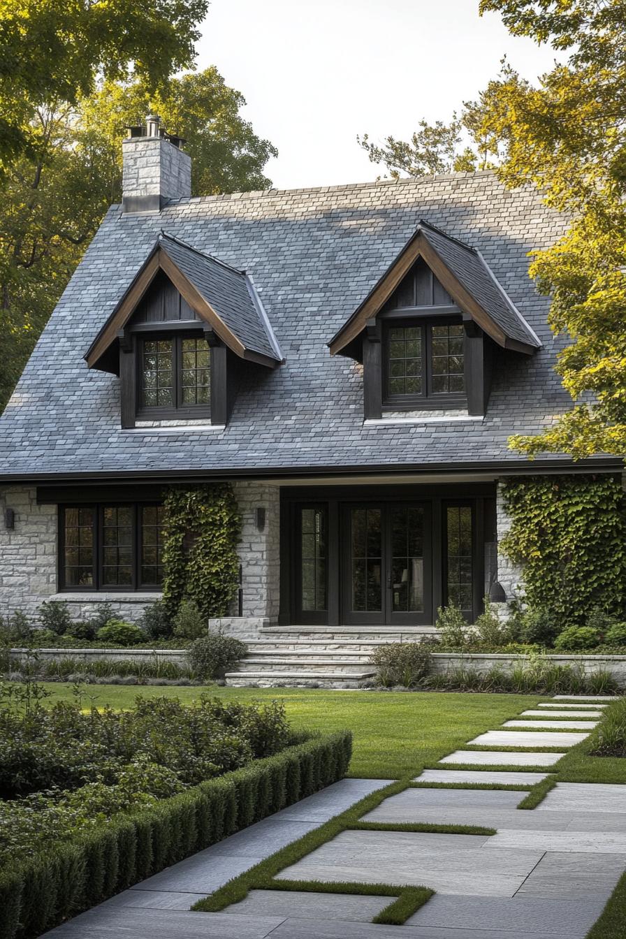 modern countryside cottage with stone mosaic facade grey stone tile roof with gables facade with vines modern windows and doors paved front yard