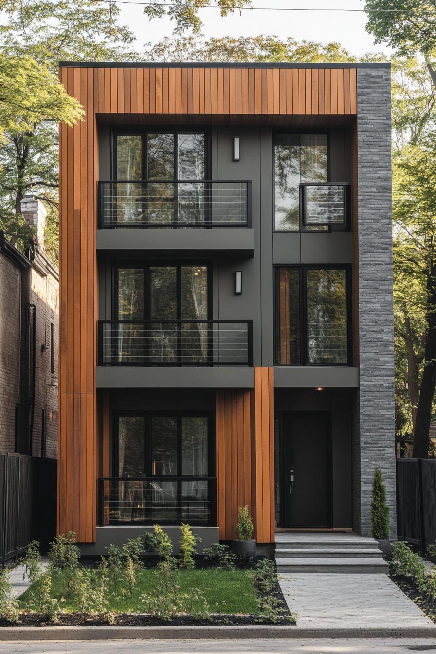 modern cube house with fluted natural wood section windows with small balconies with glass railings grey siding with grey stone siding sections 1