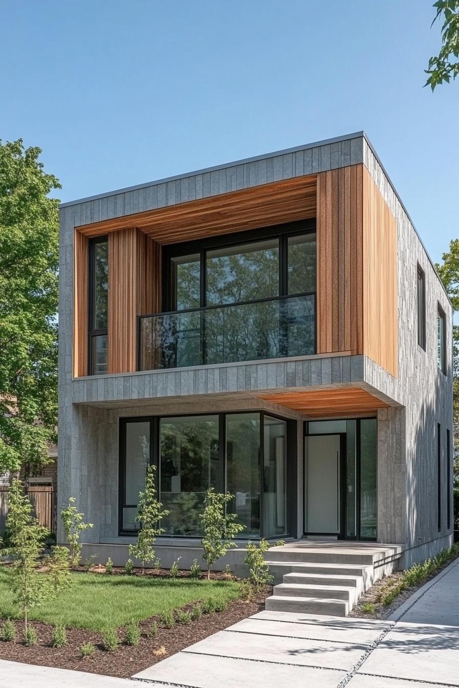 modern cube house with fluted natural wood section windows with small balconies with glass railings grey siding with grey stone siding sections 2