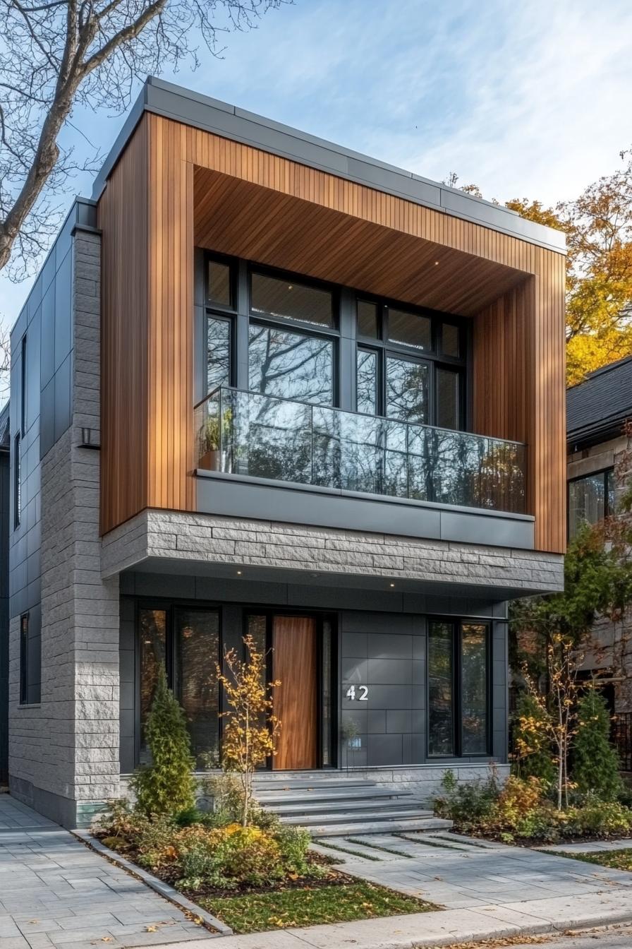 modern cube house with fluted natural wood section windows with small balconies with glass railings grey siding with grey stone siding sections 3