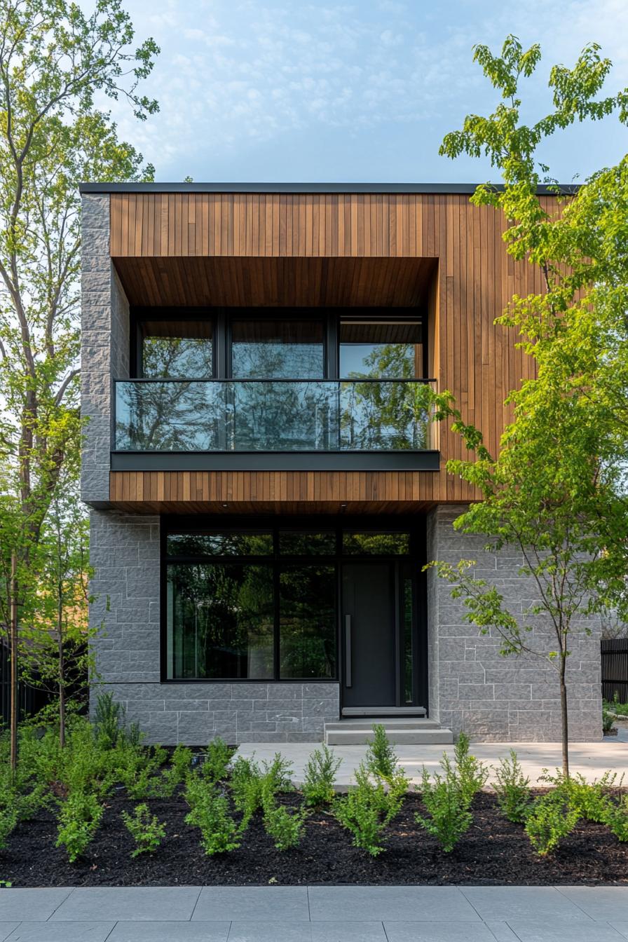 modern cube house with fluted natural wood section windows with small balconies with glass railings grey siding with grey stone siding sections