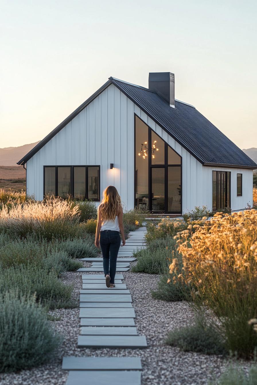 Modern barn house with a pathway and natural surroundings