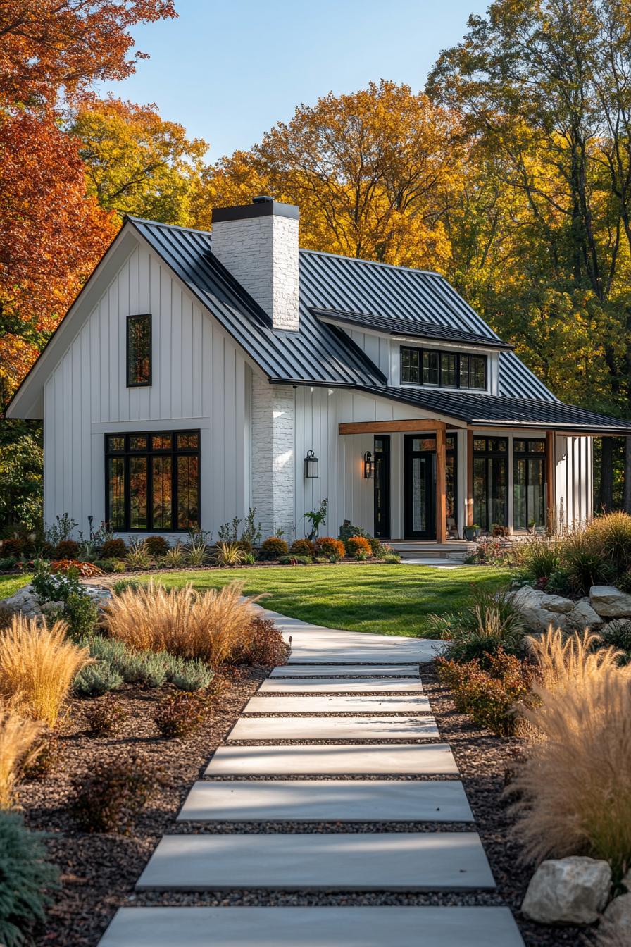 Modern barn house with vibrant fall foliage