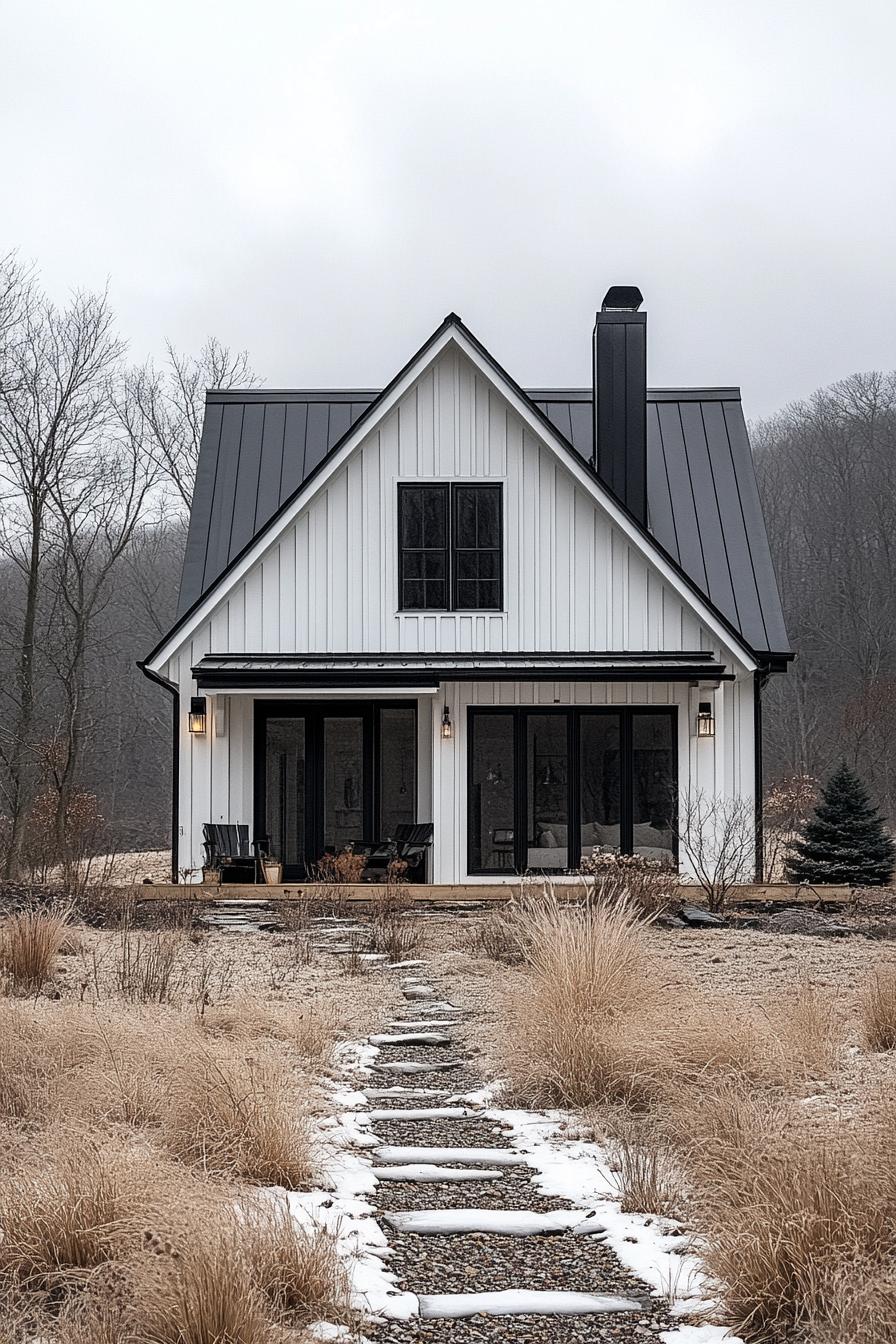 Modern barn house with black roof and snowy path