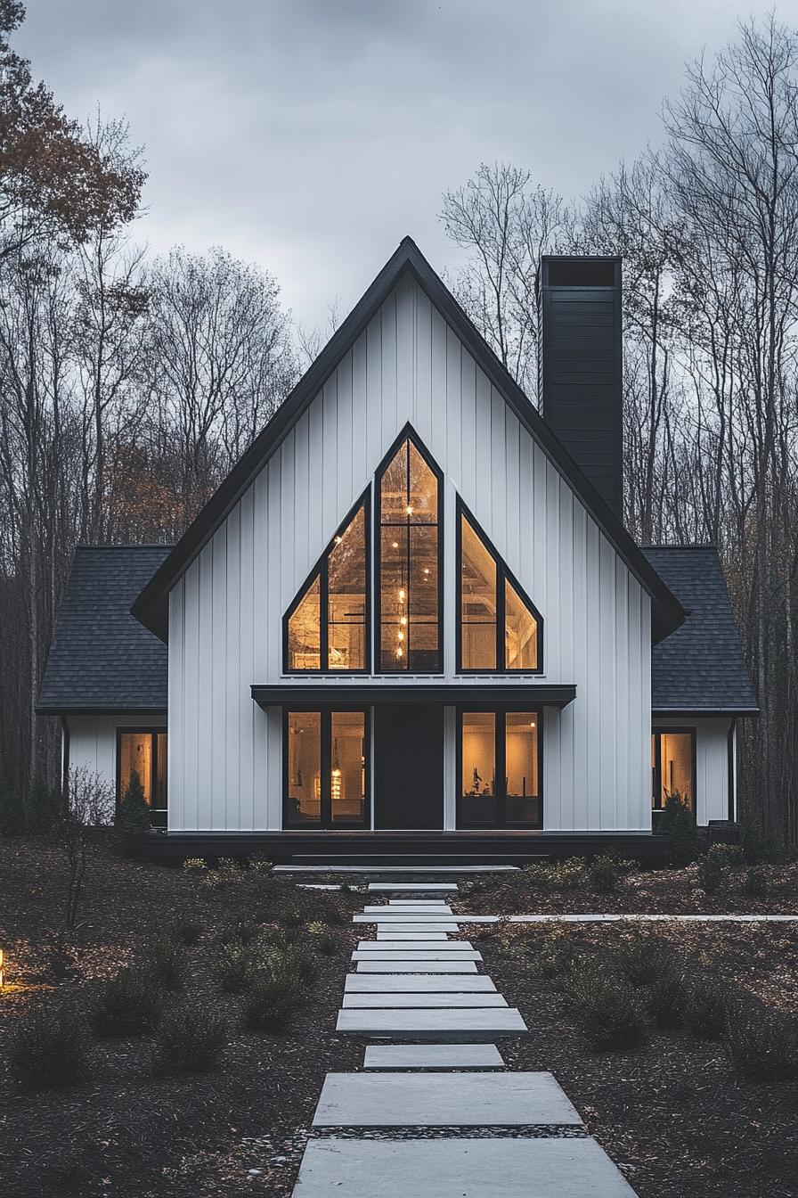 Modern barn house with large windows and pitched roof