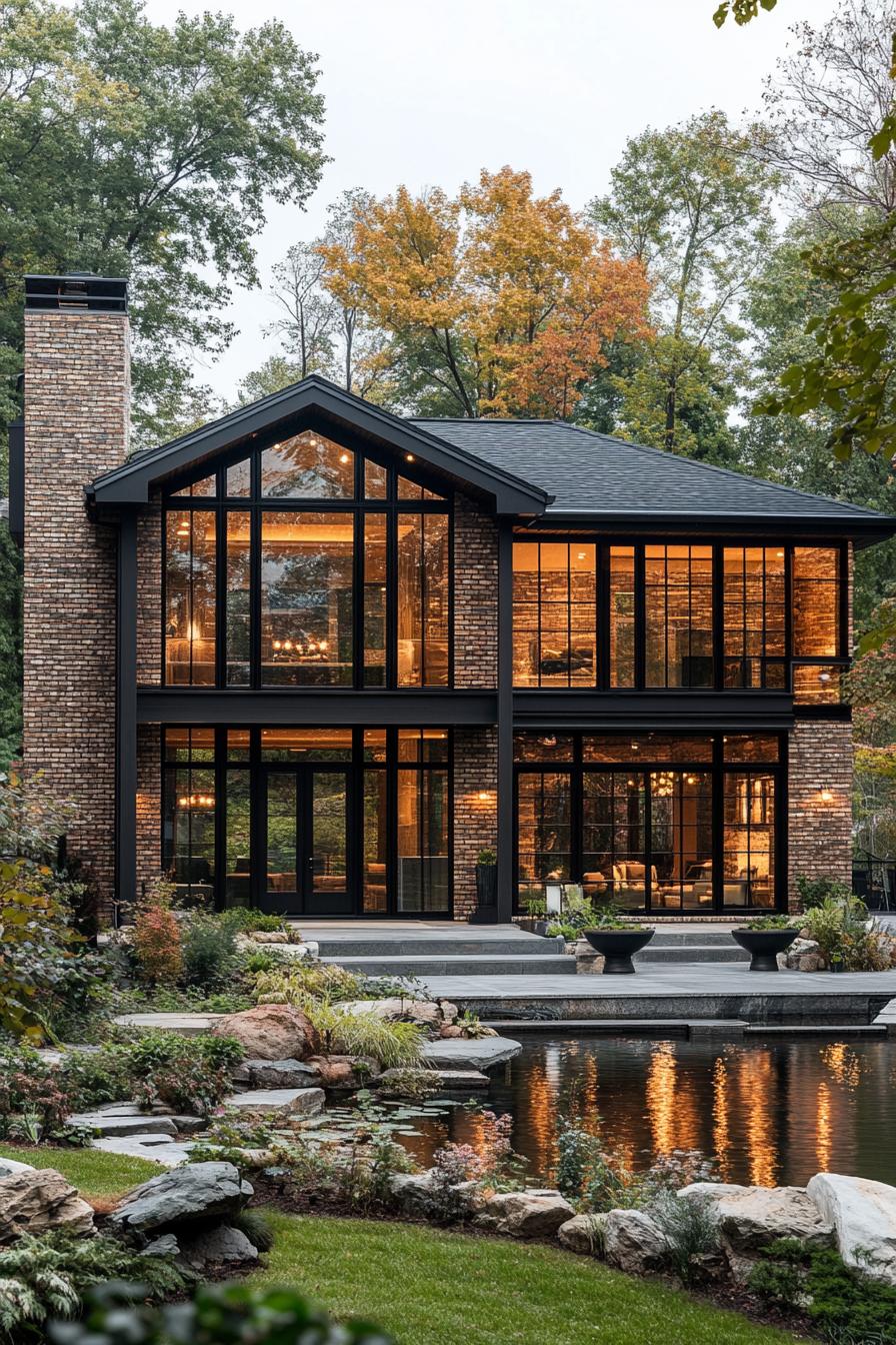 Modern brick house with large glass windows surrounded by lush greenery