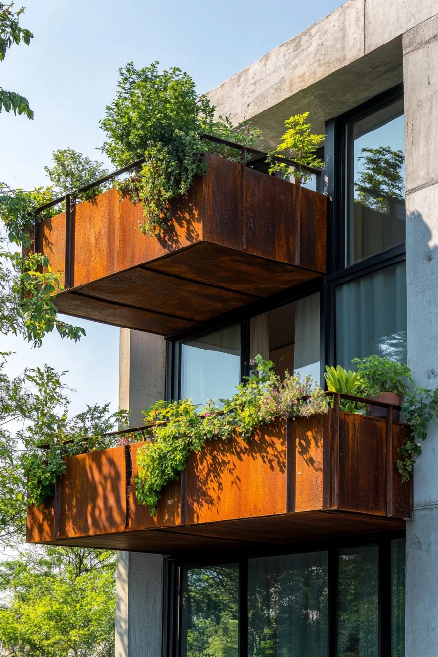 modern house geometric facade with rusted metal balcony planters 1