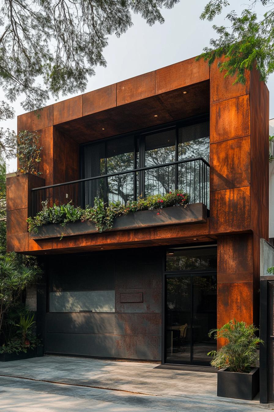 modern house geometric facade with rusted metal balcony planters 2