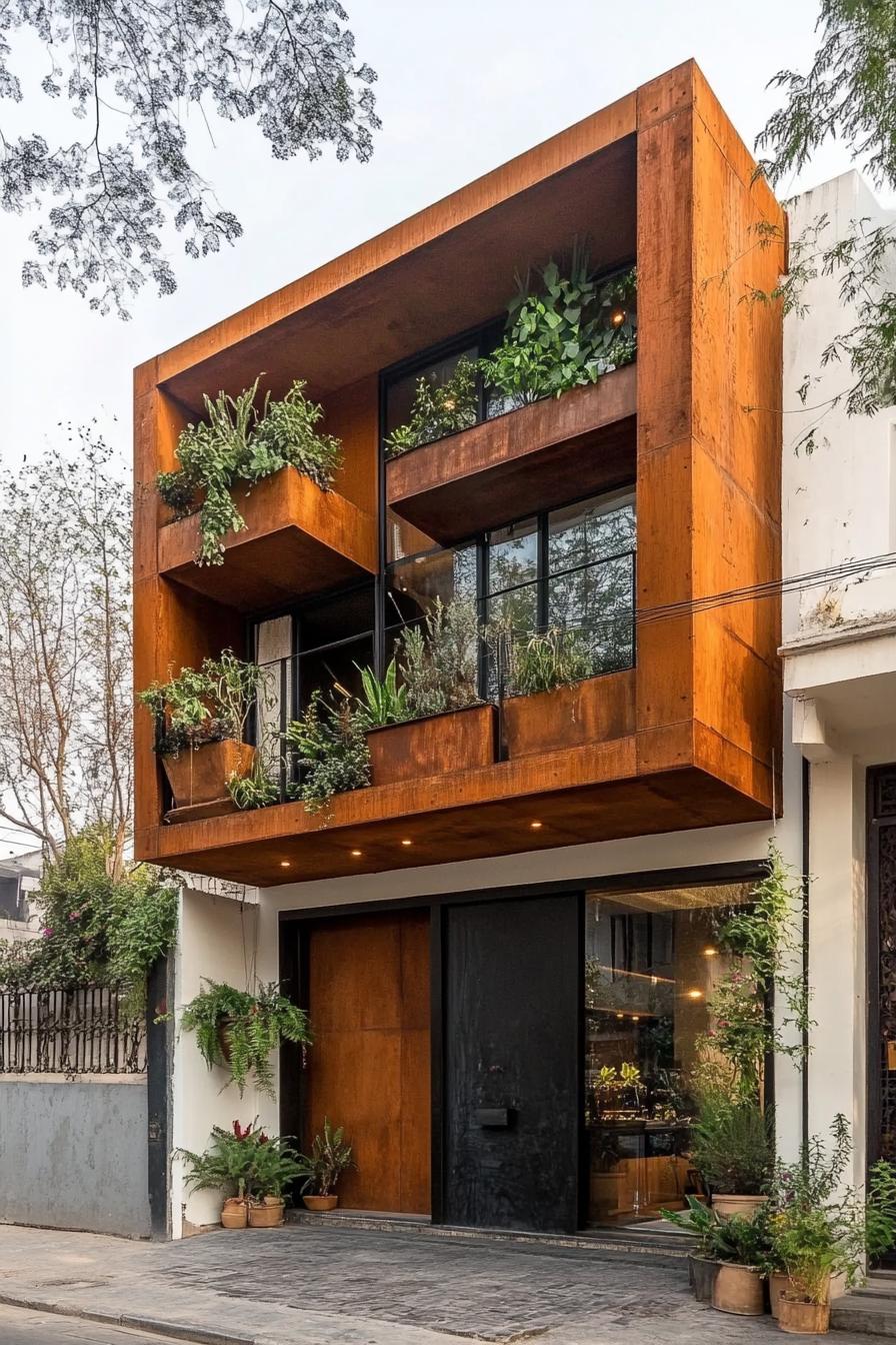 modern house geometric facade with rusted metal balcony planters 3