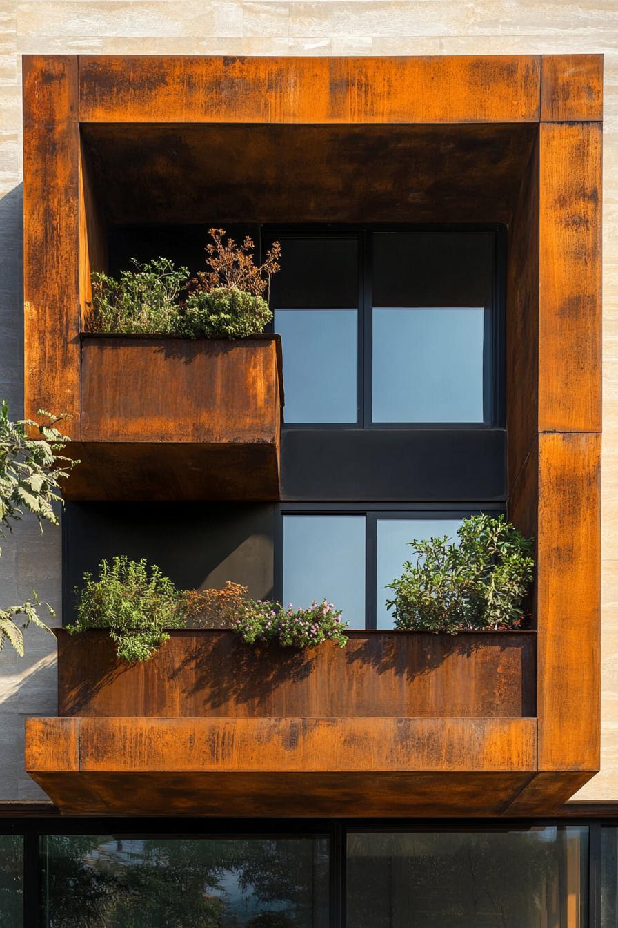 modern house geometric facade with rusted metal balcony planters