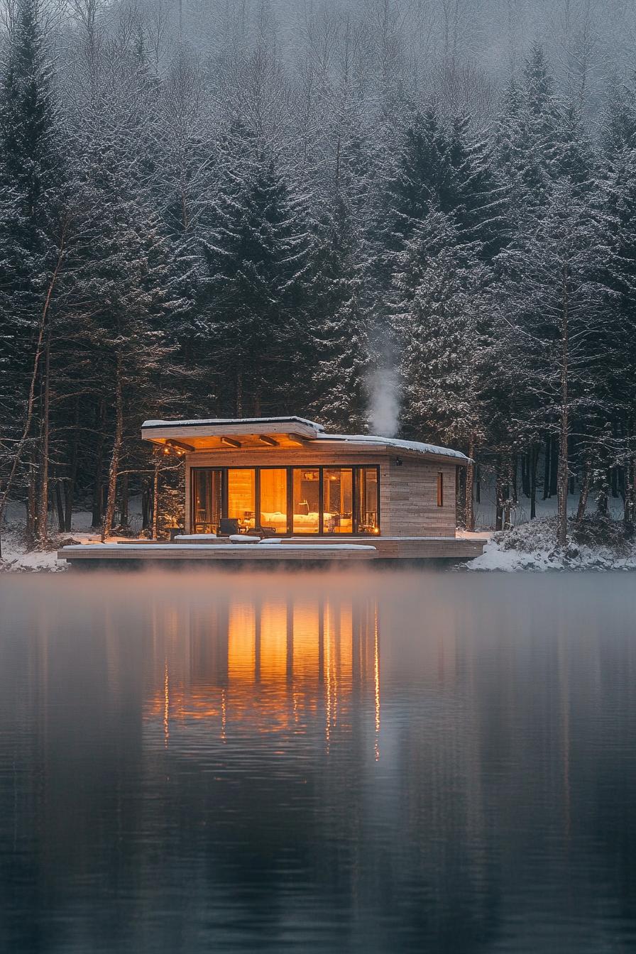 modern lakeside cabin in winter sunset mist above the lake with a golden glow from the sunset surrounding trees covered in white snow 1