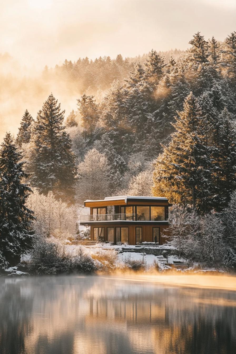 modern lakeside cabin in winter sunset mist above the lake with a golden glow from the sunset surrounding trees covered in white snow