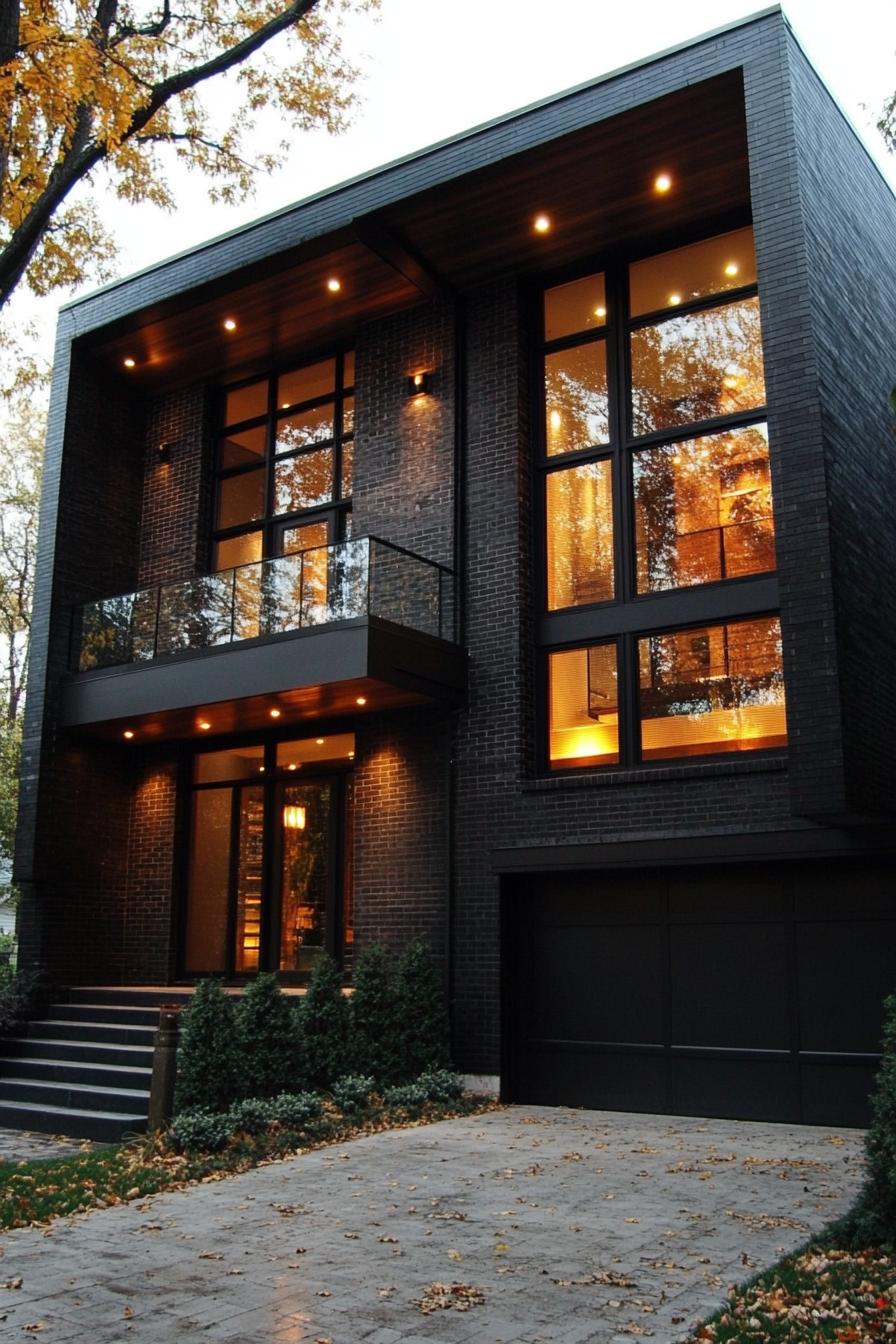 modern villa design in dark slate brick siding tall planked dark wood accent panels tall full glass atrium windows dark wood eaves with LED lights 1