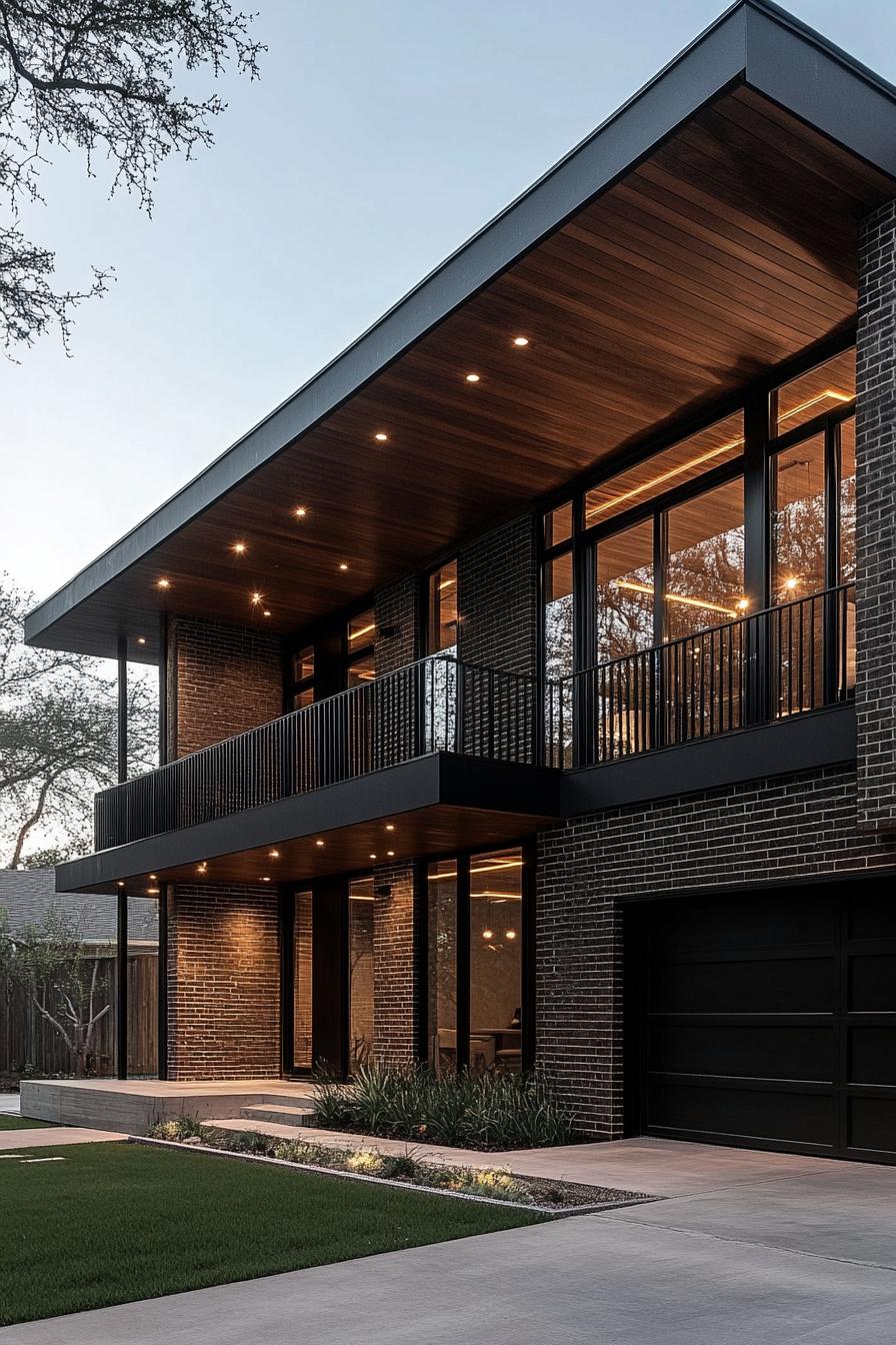 modern villa design in dark slate brick siding tall planked dark wood accent panels tall full glass atrium windows dark wood eaves with LED lights