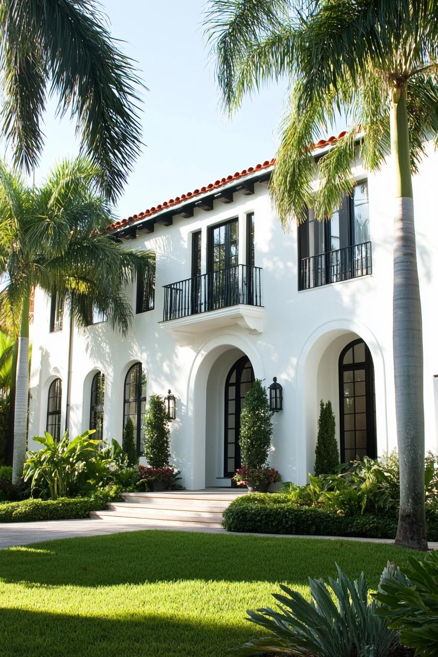 modern white spanish house facade with arches arched modern windows in black trim front yard with green lawn tall palms 1