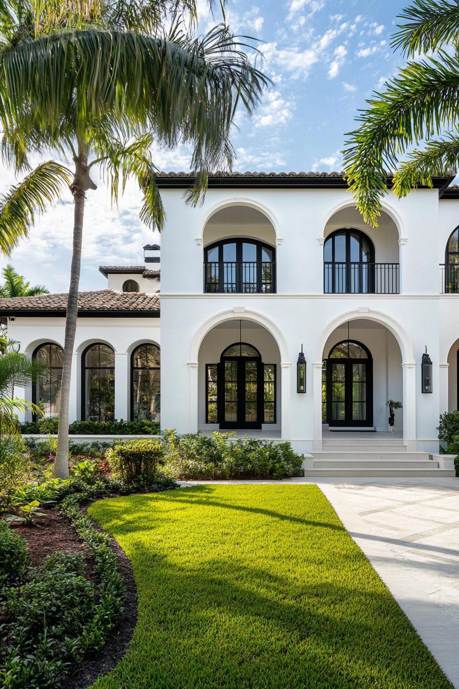 modern white spanish house facade with arches arched modern windows in black trim front yard with green lawn tall palms 2