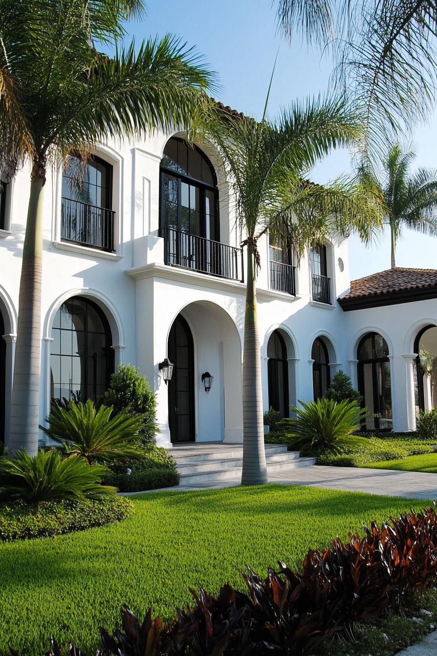 modern white spanish house facade with arches arched modern windows in black trim front yard with green lawn tall palms 3