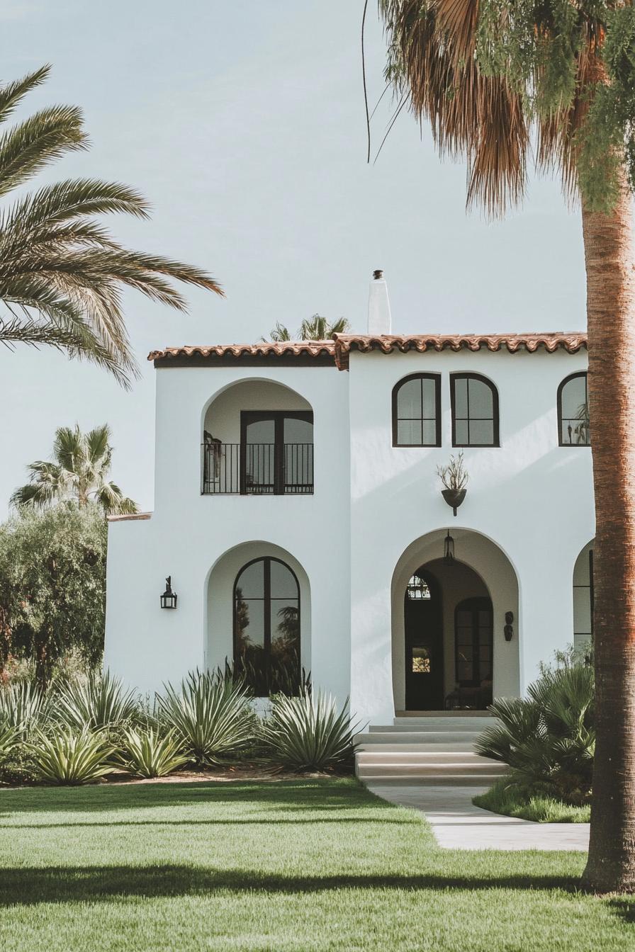 modern white spanish house facade with arches arched modern windows in black trim front yard with green lawn tall palms