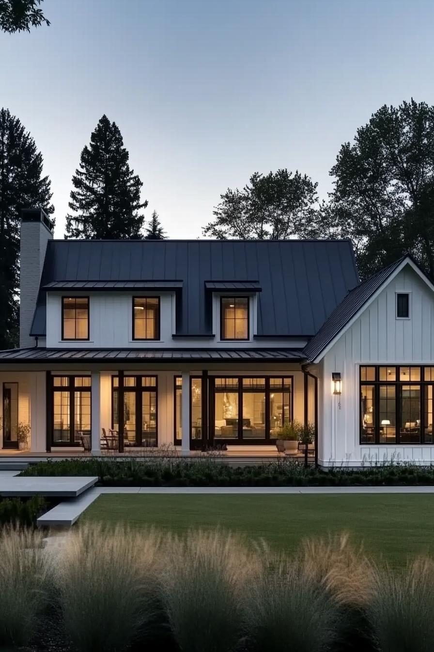 Modern single-story home with glowing windows at dusk