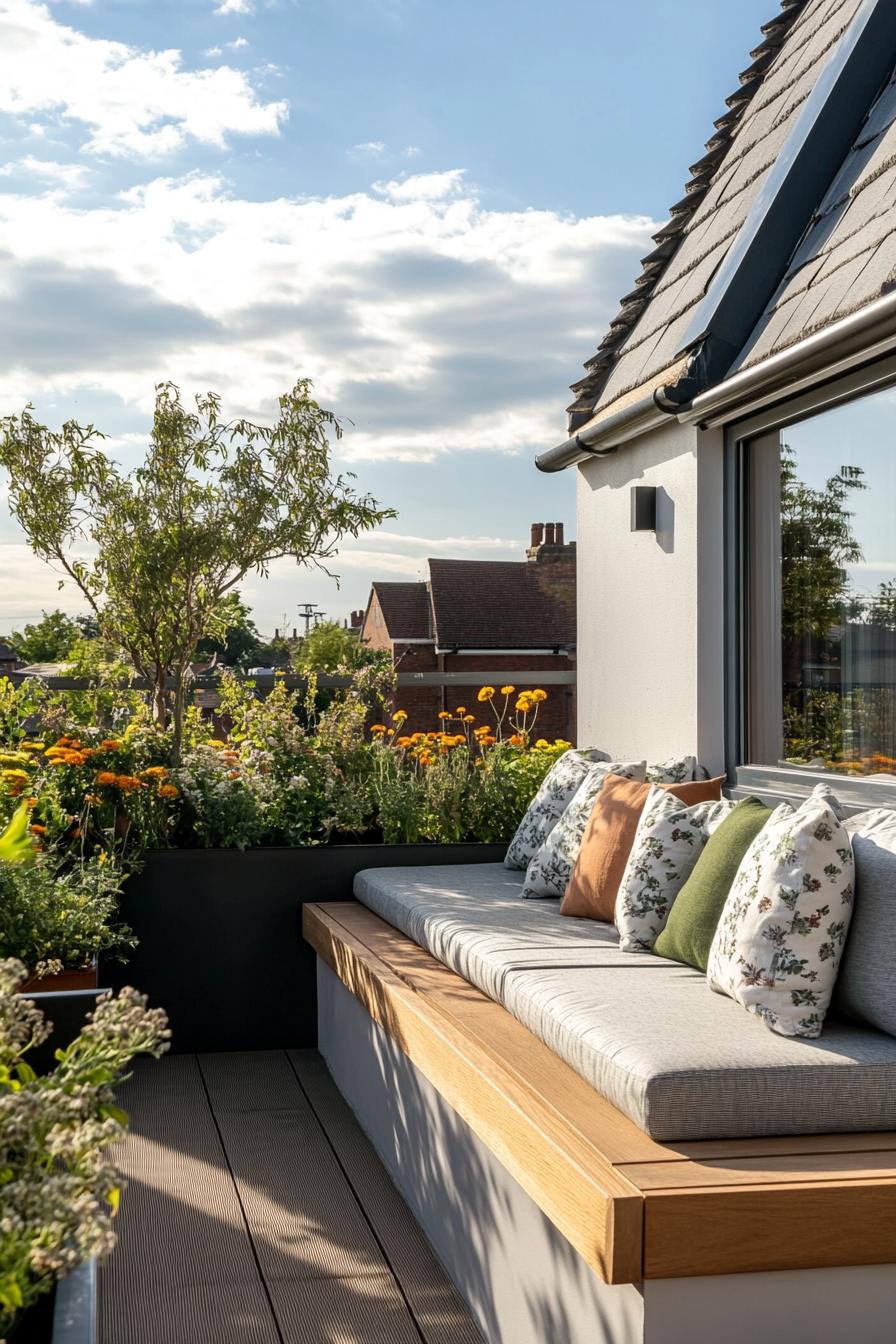 rooftop terrace with wooden deck buit in benches with pillows buildint planters with flowers and small trees farmhouse style furniture 1