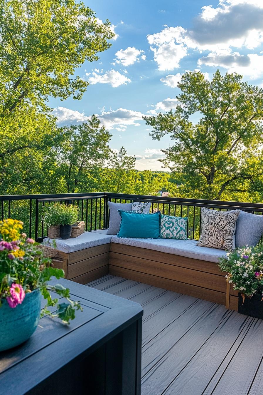 rooftop terrace with wooden deck buit in benches with pillows buildint planters with flowers and small trees farmhouse style furniture 2