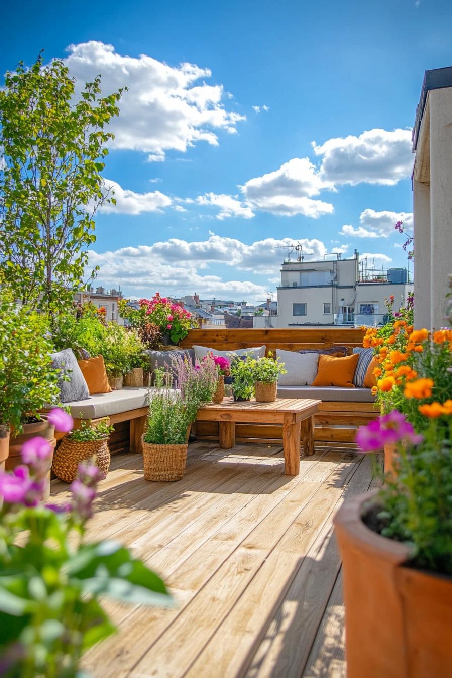 rooftop terrace with wooden deck buit in benches with pillows buildint planters with flowers and small trees farmhouse style furniture