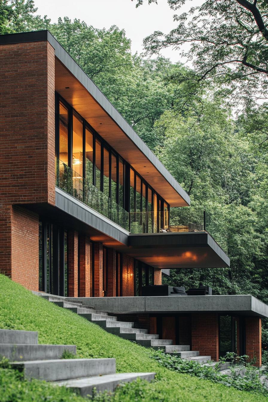 side view of a modern house with brick siding and modern geometric windows built on a 45 degree green slope and plain foot the house has a large 1