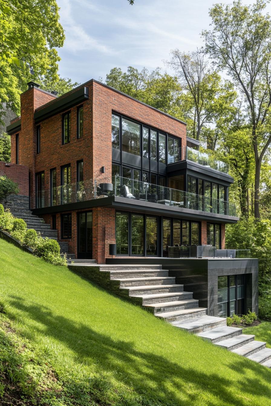 side view of a modern house with brick siding and modern geometric windows built on a 45 degree green slope and plain foot the house has a large 2