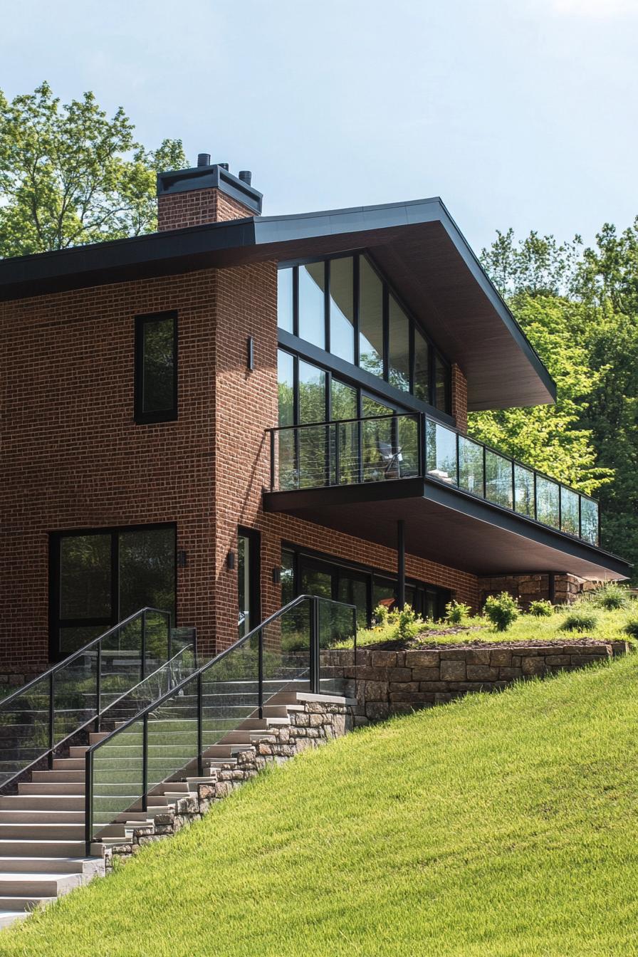 side view of a modern house with brick siding and modern geometric windows built on a 45 degree green slope and plain foot the house has a large