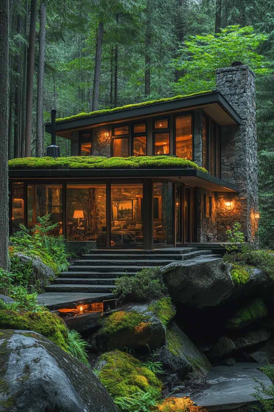 Cozy stone cabin with large windows surrounded by forest