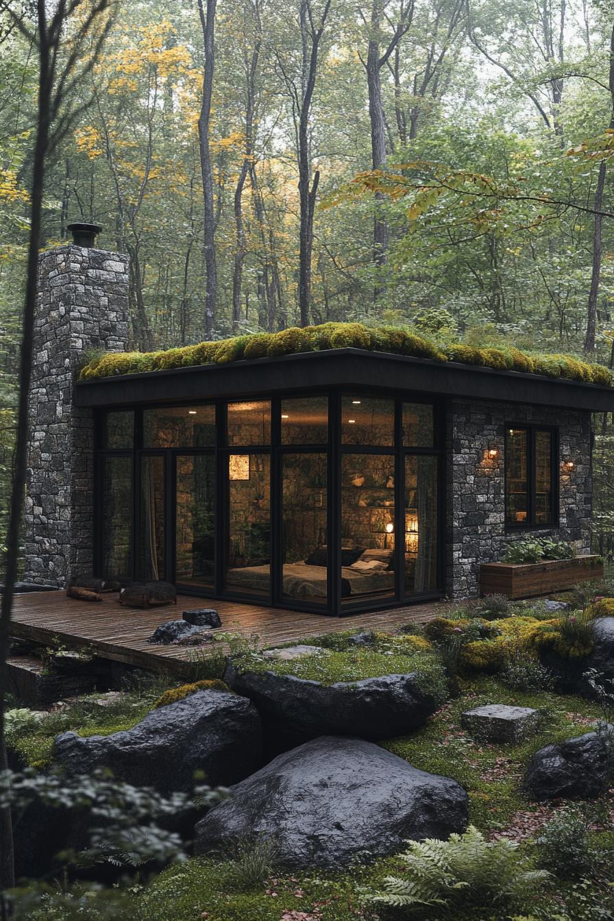 Glass cabin with a moss-covered roof in the woods