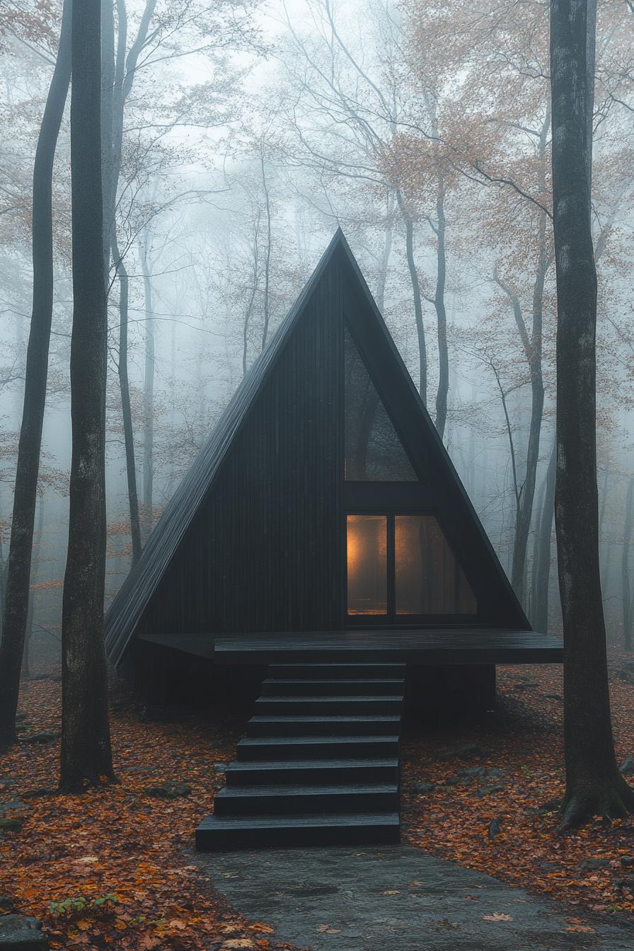 A-frame cabin nestled in a foggy autumn forest