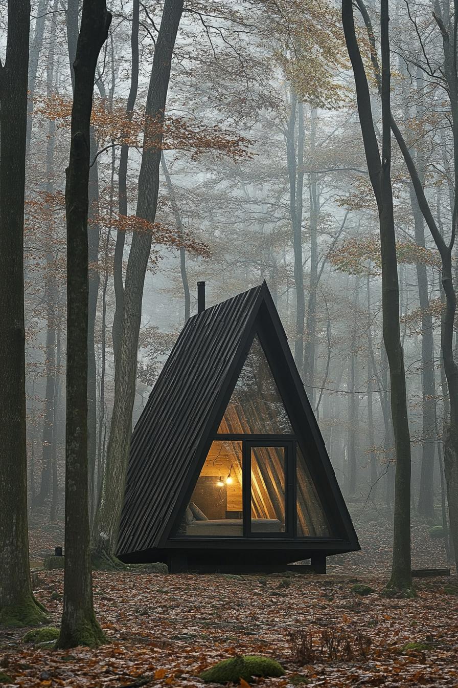 A-frame cabin nestled in a misty forest