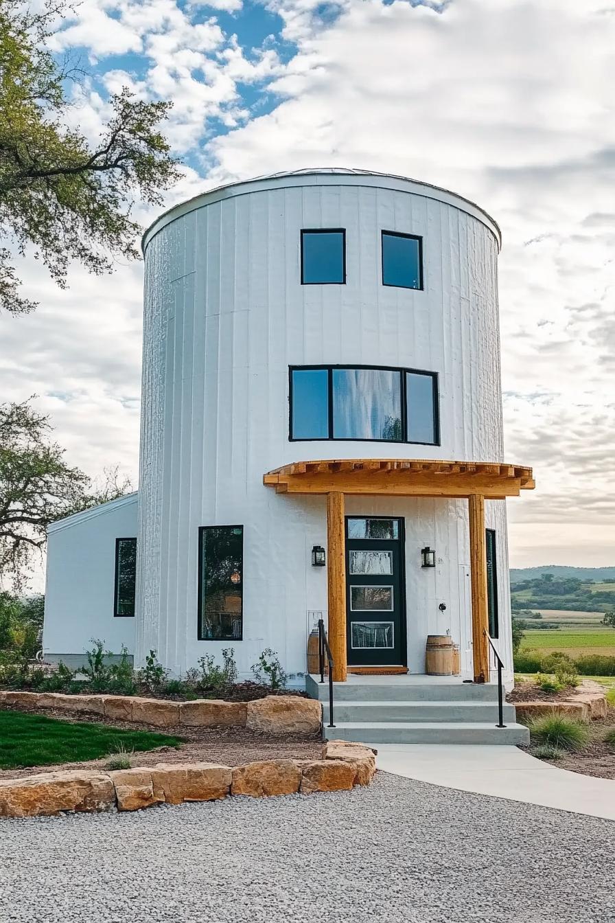 white grain silo converted into a home with modern windows front porch construction of wooden posts and beams on stone foundations concrete and 1